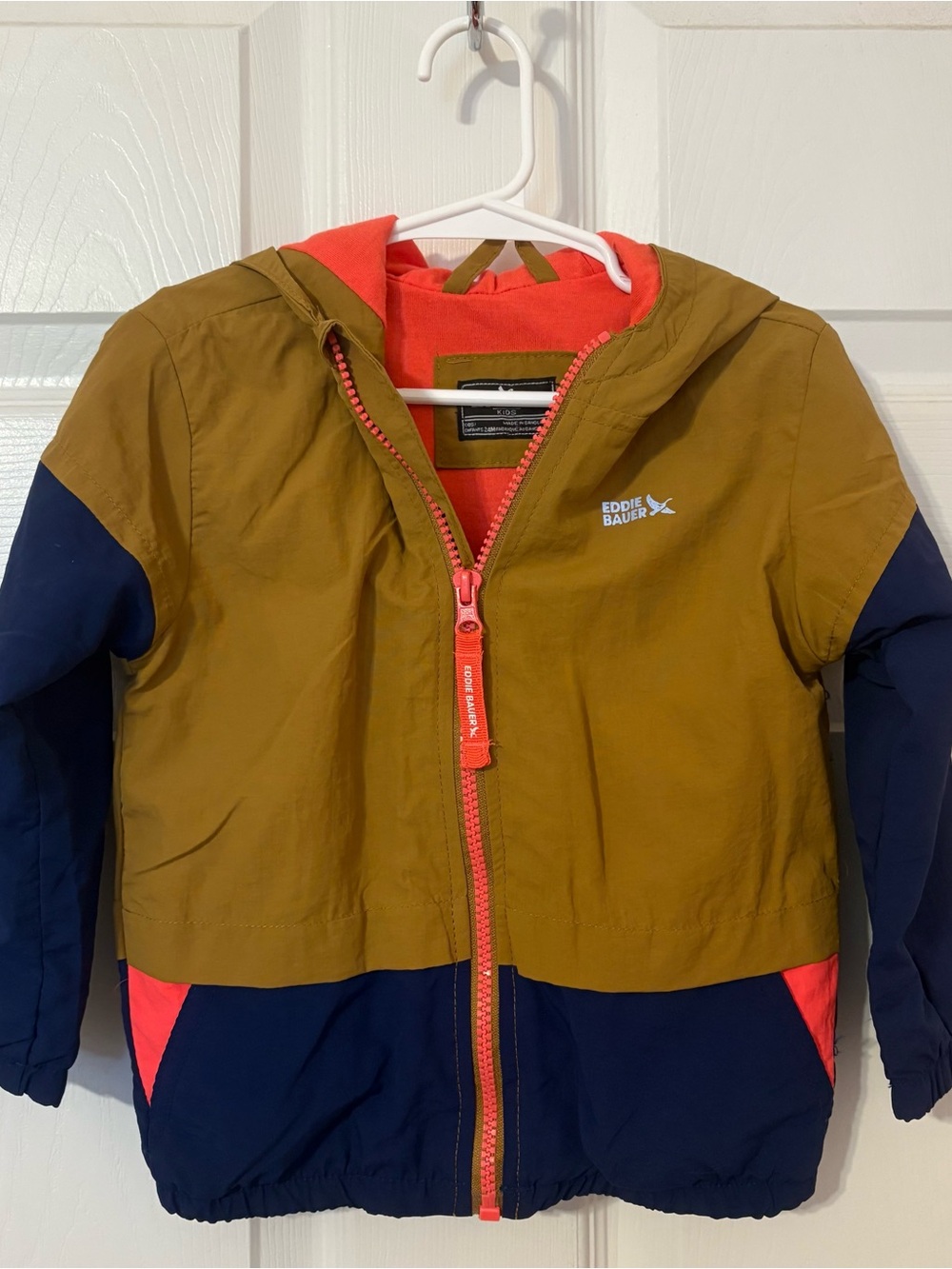 Eddie Bauer Khaki, Navy & Coral Kids Colorblock Hooded Rain Jacket